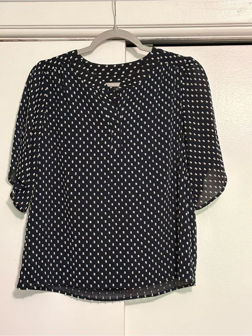 Ann Taylor Navy Blouse with White Micro Dot Pattern